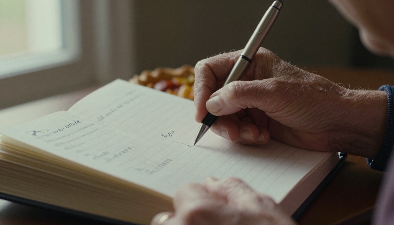 Elderly hands writing a gratitude note