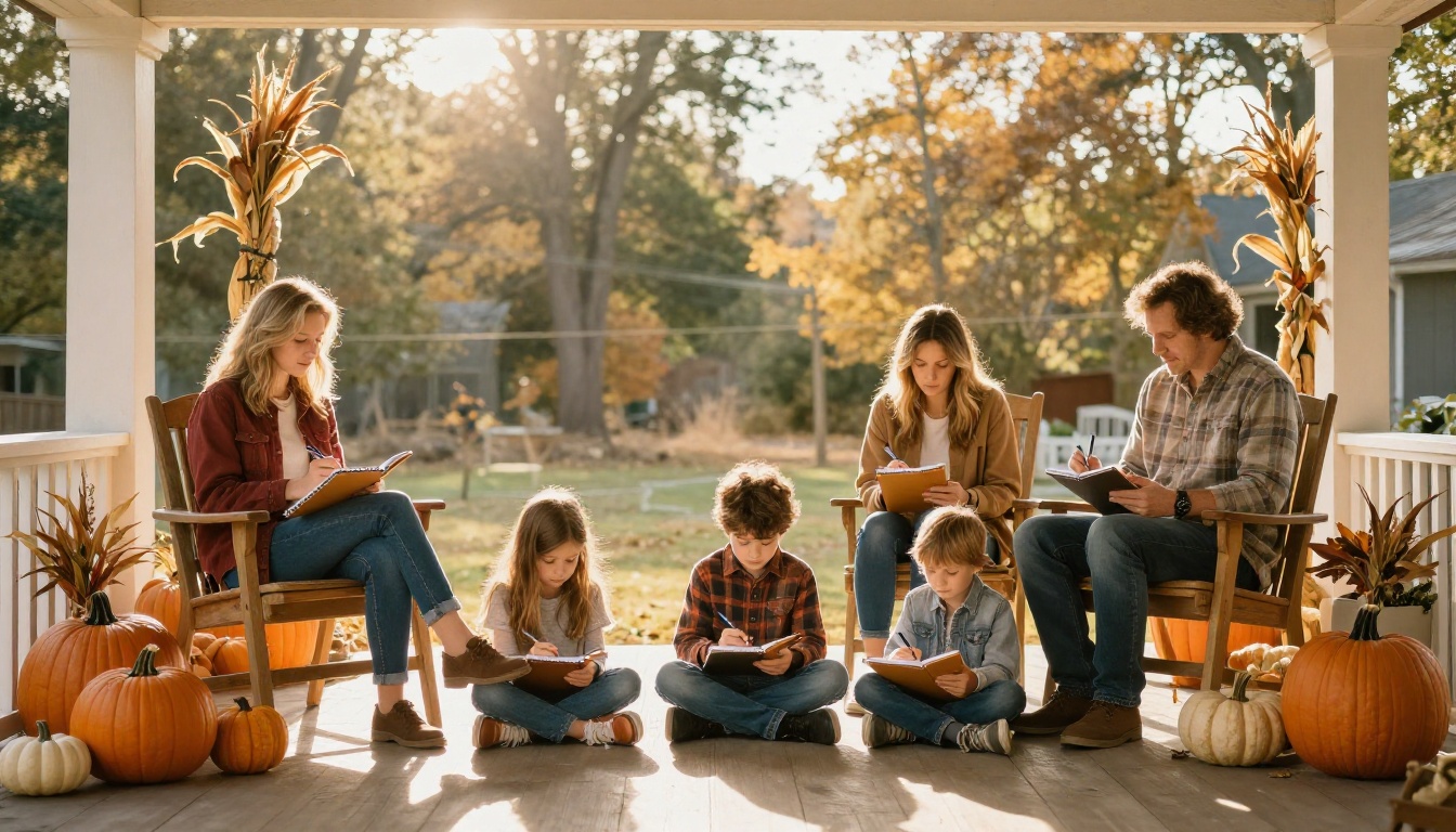 Family writing gratitude notes together on a porch