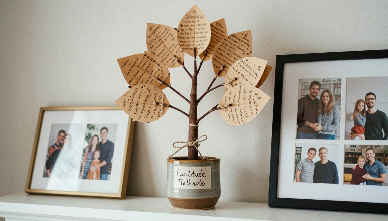 Gratitude tree craft on a mantel