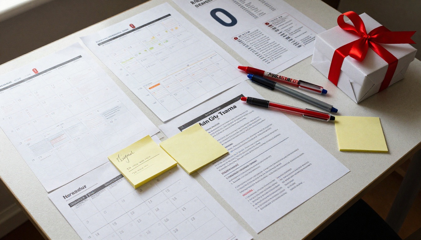Planning table with calendar and gift boxes