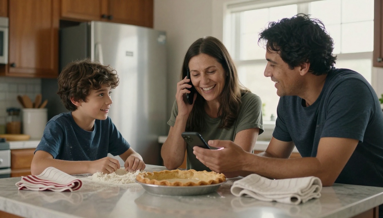 Teenager and father interviewing grandma in a kitchen