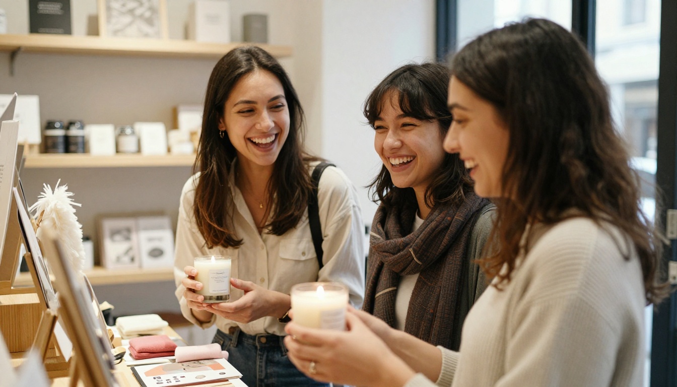 Friends browsing a gift table in a boutique