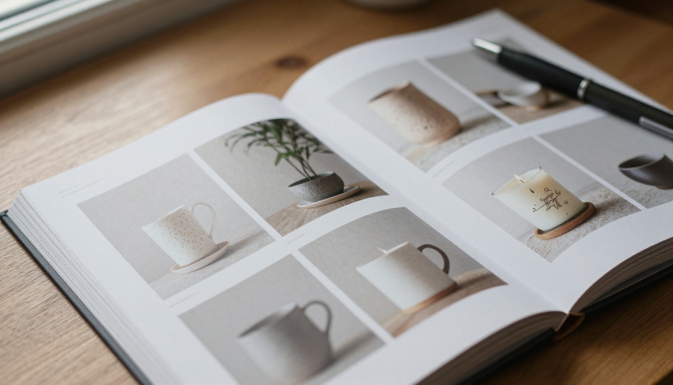 Printed catalog open on a wooden table