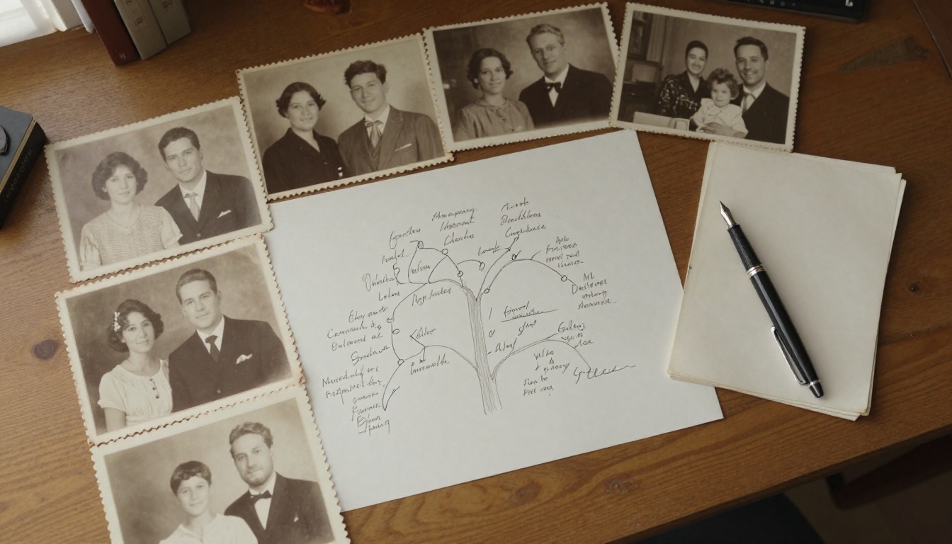 Old family photographs spread on a wooden desk with a family tree sketch