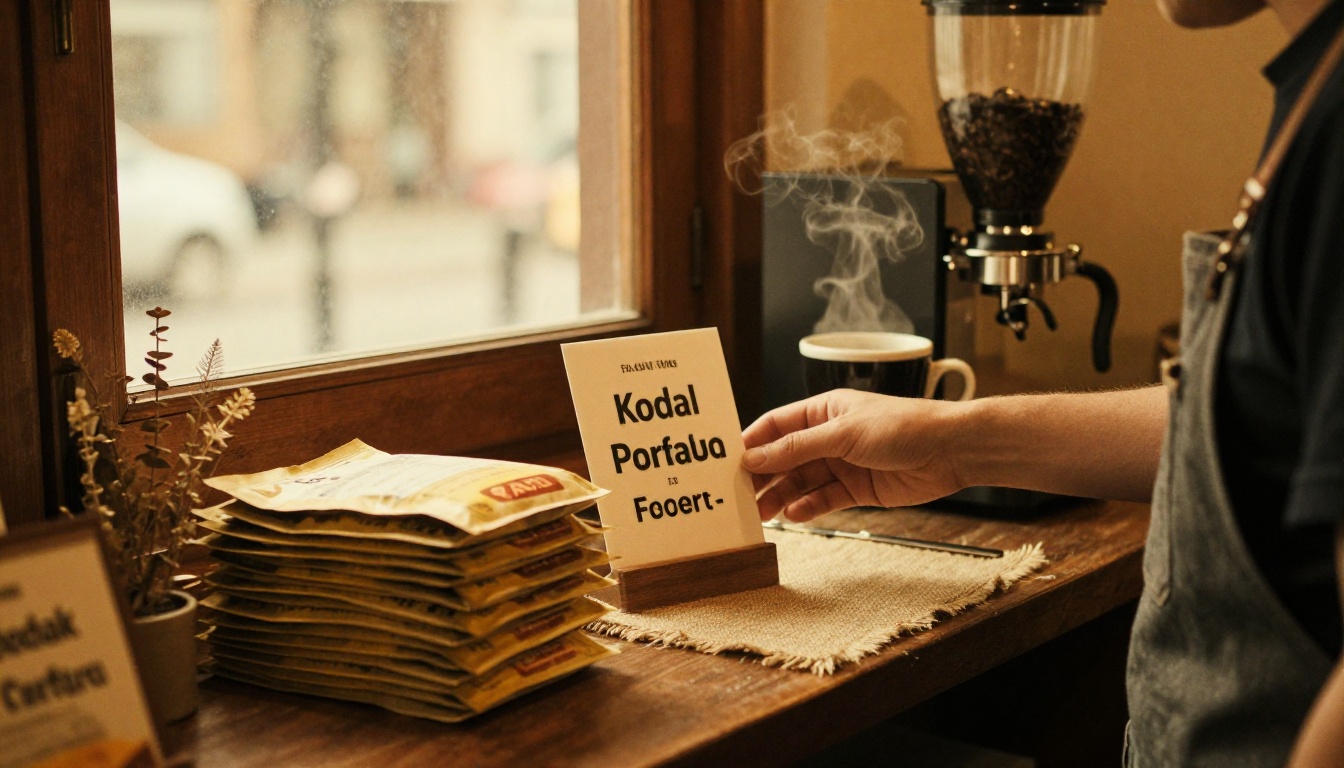 Cafe counter with coffee bags and promotion sign