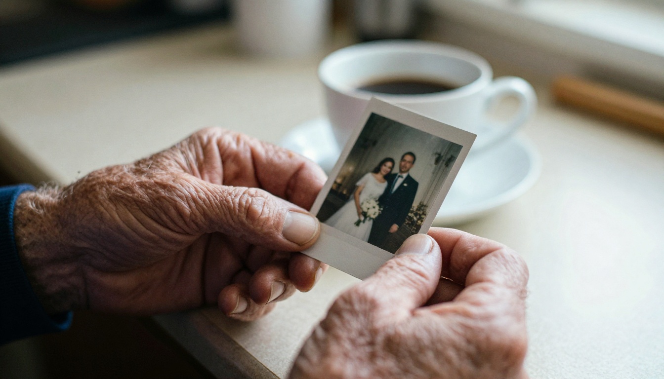 An elderly man holding a faded wedding photograph in his hands