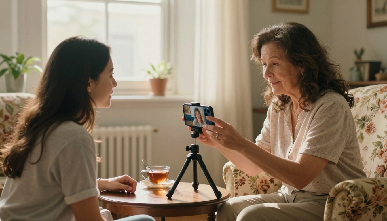A young woman recording an interview with her elderly mother using a smartphone