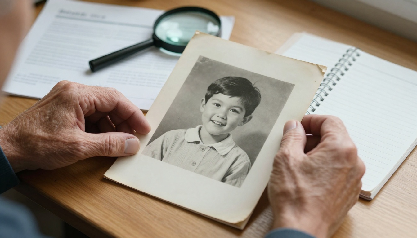 Elderly man holding a faded childhood photograph over a desk with letters and a magnifying glass