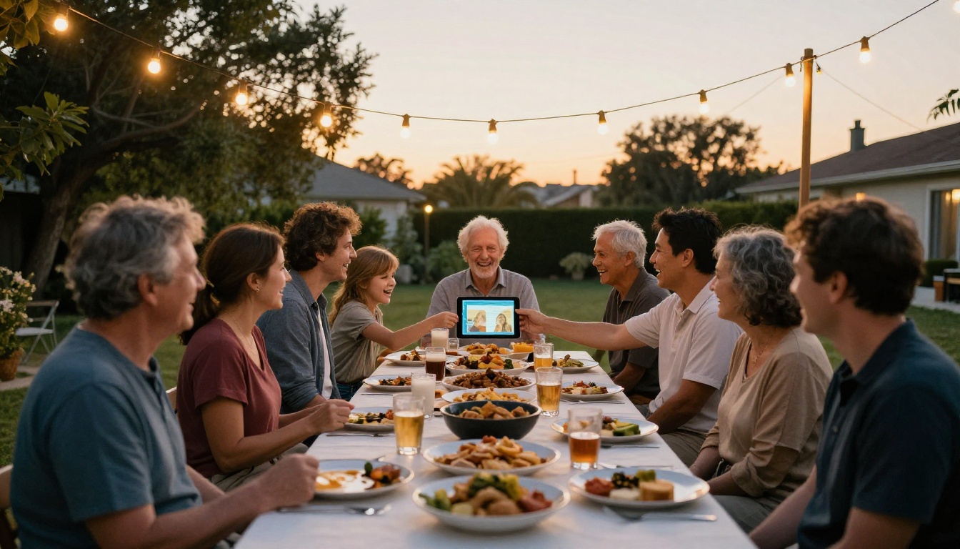 Three generations of a family laughing around a long table in a backyard at sunset