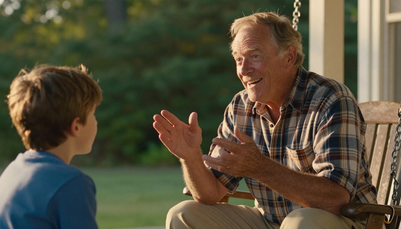 Grandfather on a porch swing telling a story while his grandson listens