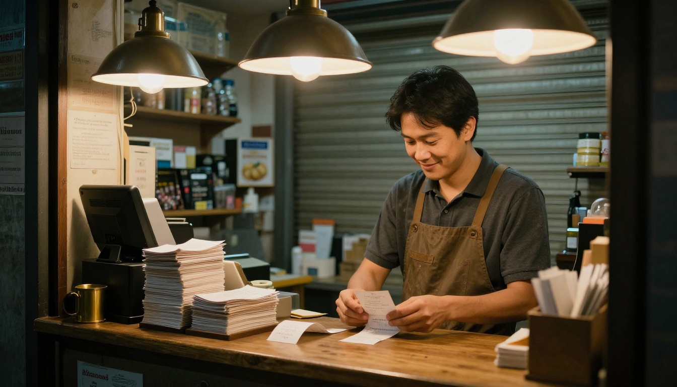 Shop owner counting receipts after closing