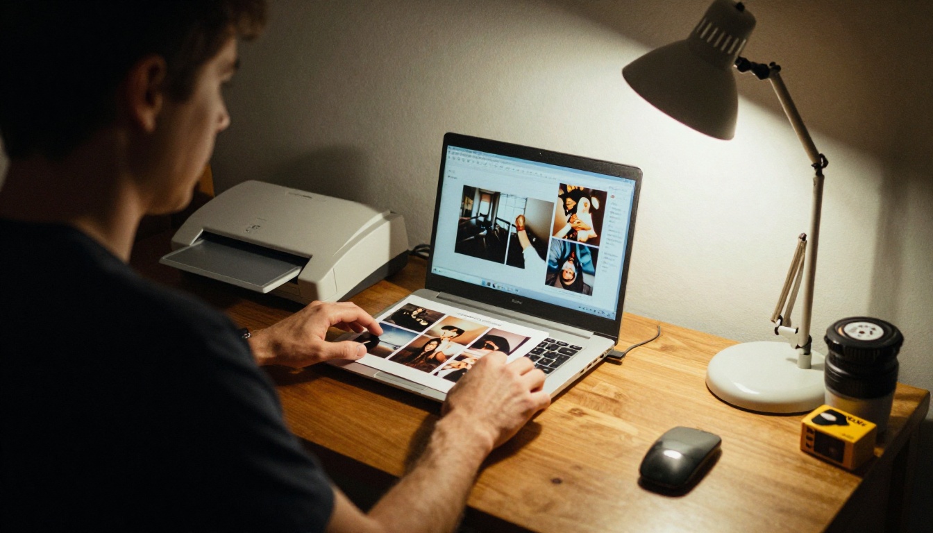 A man scanning an old photograph on a flatbed scanner at a home office desk