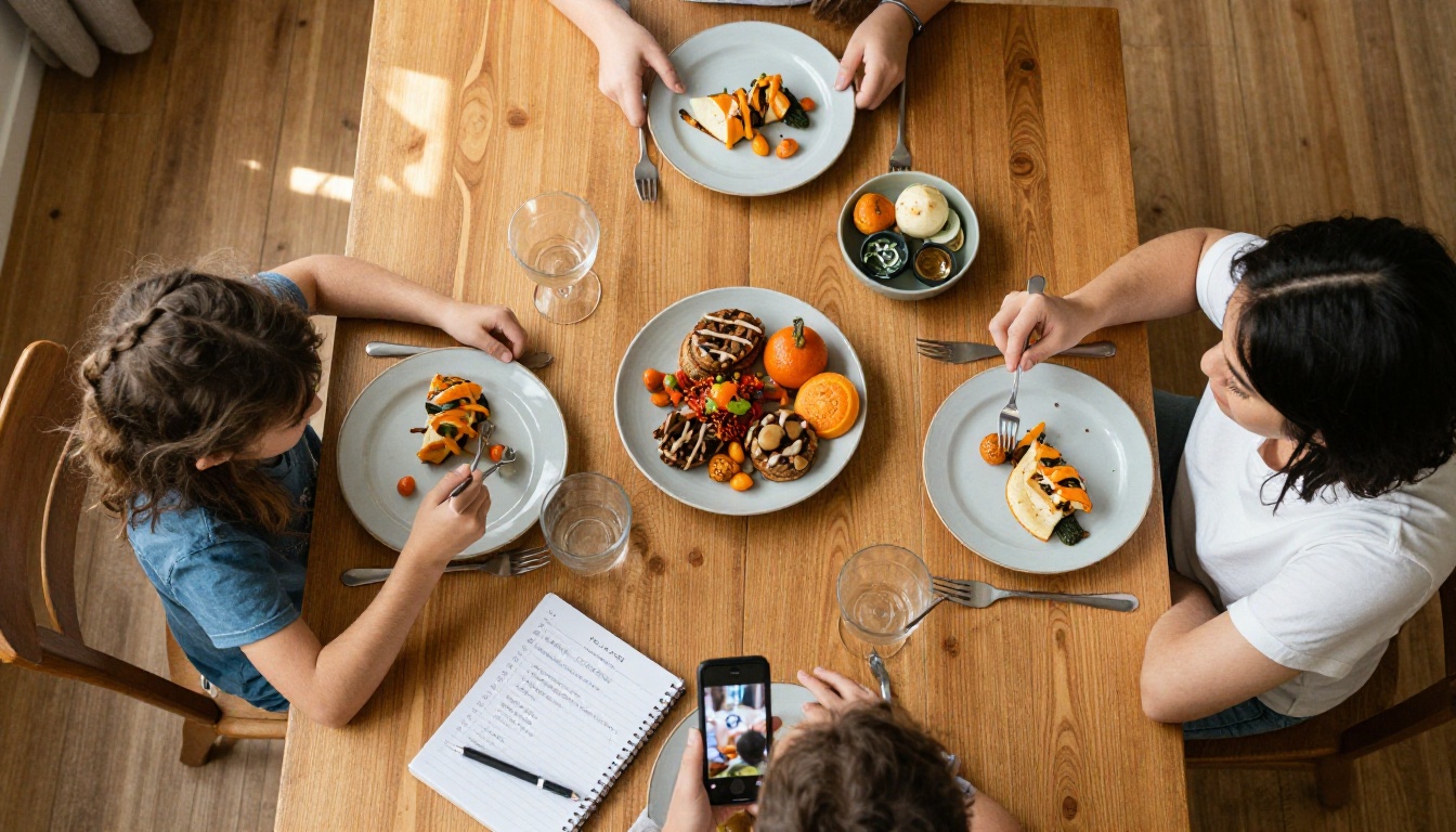 Three generations at a dining table sharing a meal with a phone recording beside a notebook