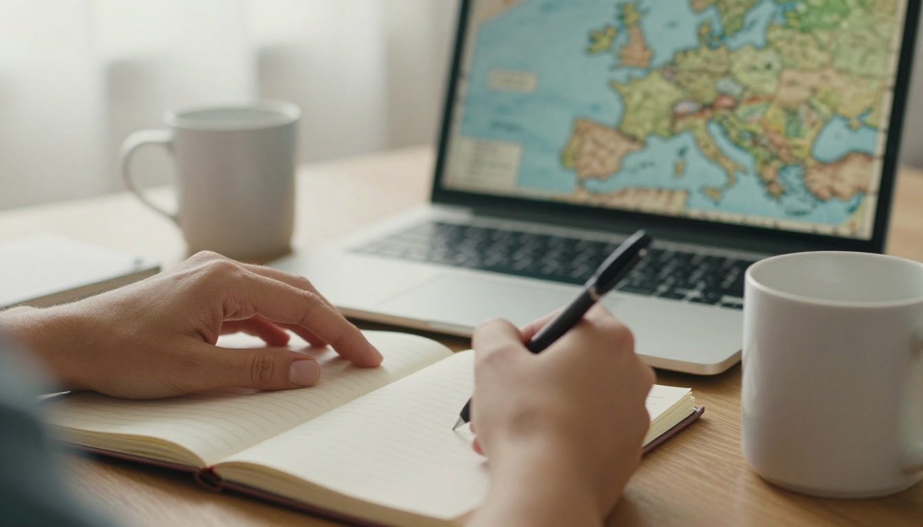 A woman's hands writing family stories in a notebook next to a laptop