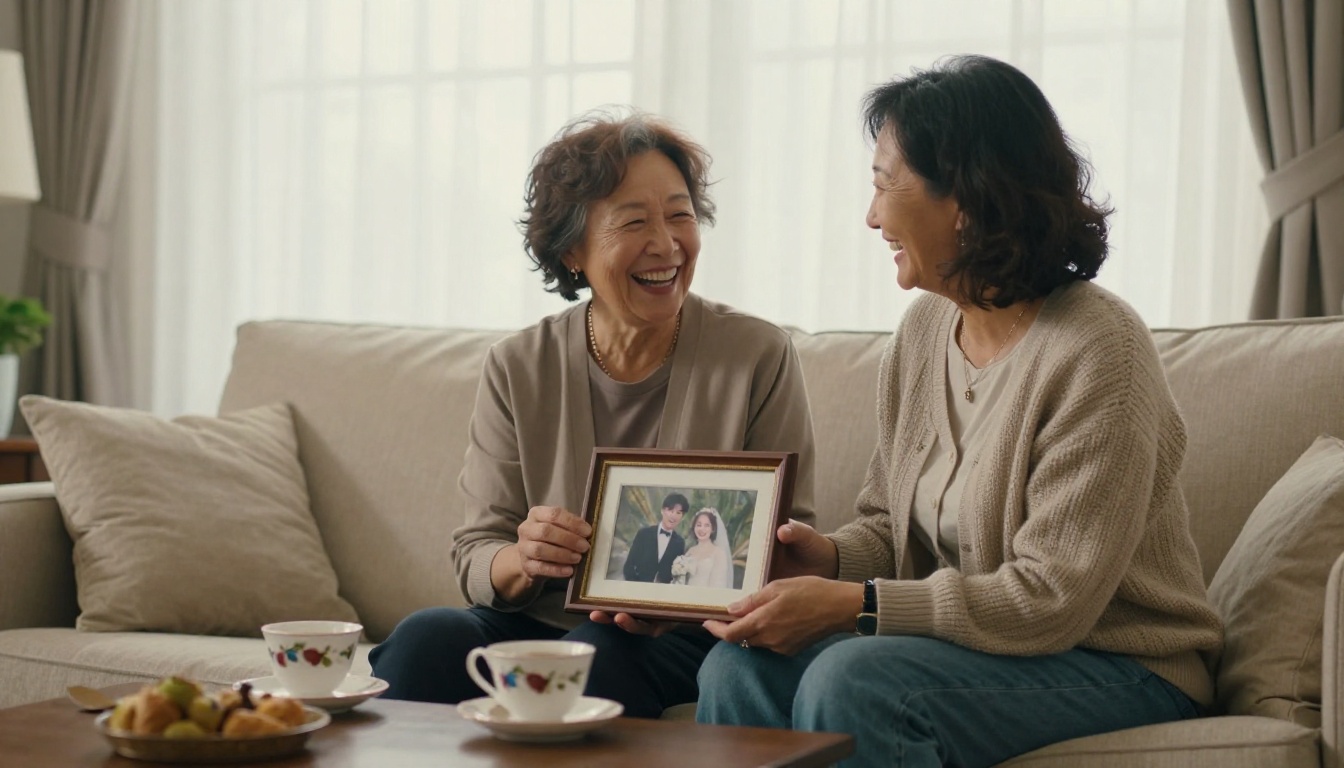 Middle-aged woman and her elderly mother laughing over a framed wedding photograph