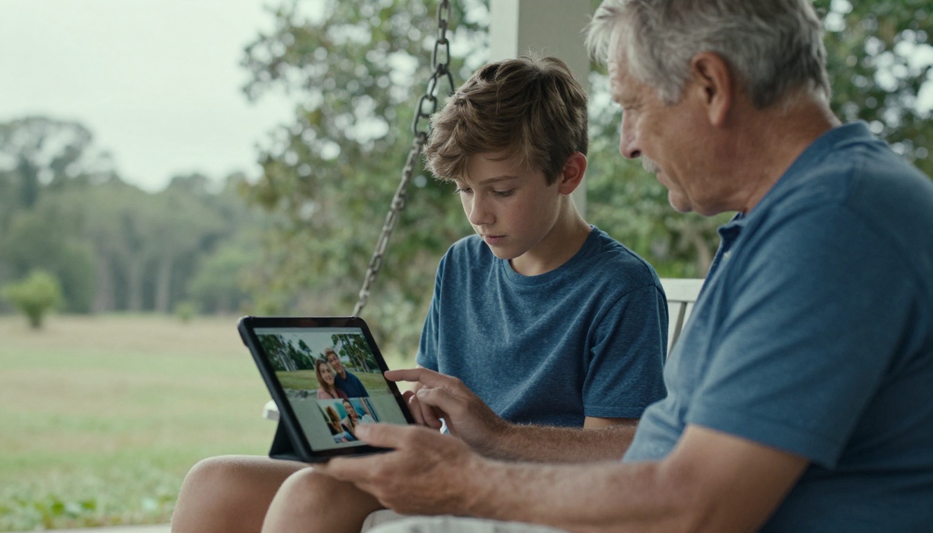 A grandfather and his teenage grandson reading a family book on a tablet on a porch swing
