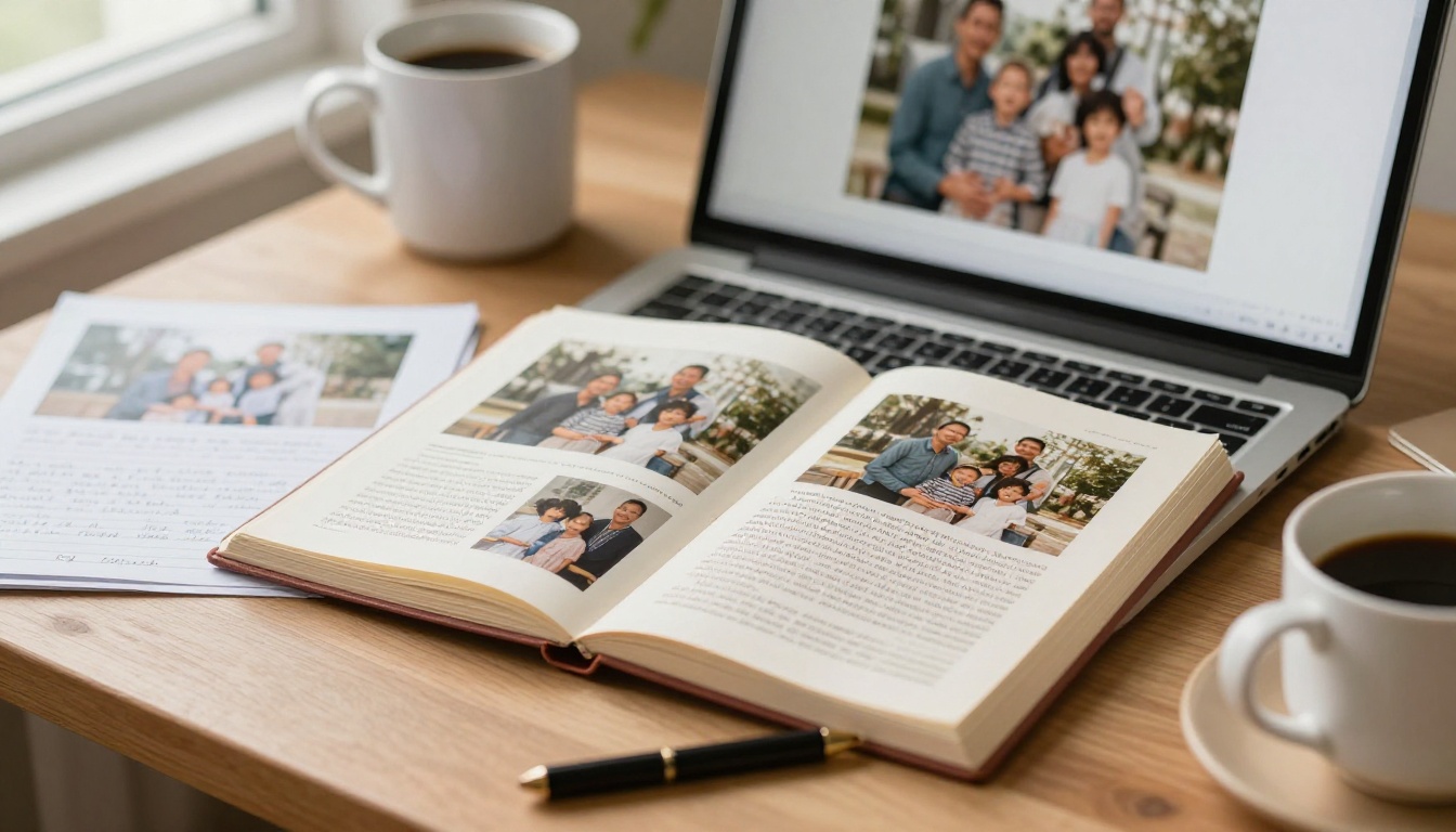 Laptop on a wooden desk showing scanned family photos being arranged into a digital book