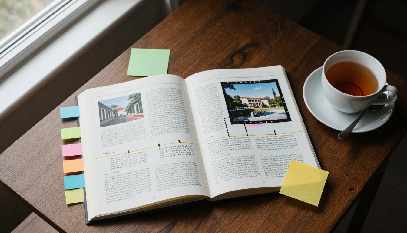 Sticky notes, photo proofs and a laptop arranged as a timeline on a coffee table