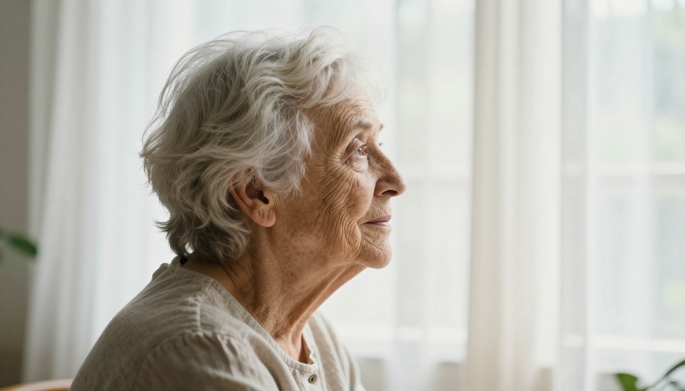Elderly woman with white hair looking thoughtfully out of a sunlit window