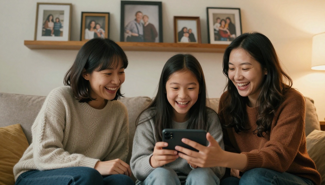 A family on a sofa reading a family history book on a phone