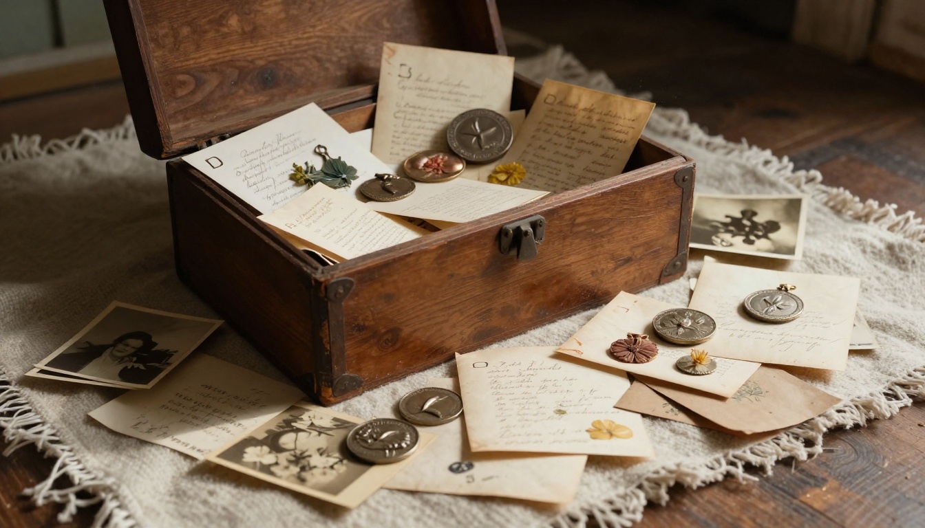 Old wooden box of vintage letters, medals and photographs lit by a beam of attic sunlight