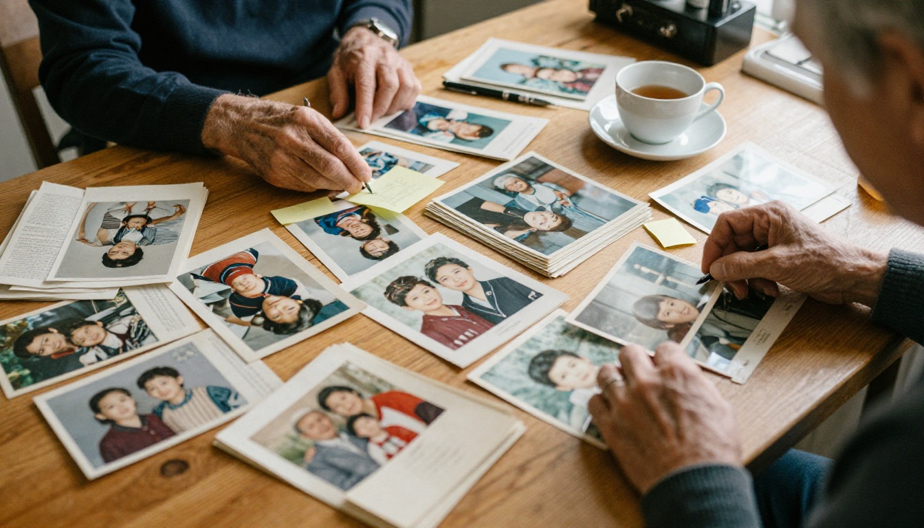 Hands sorting printed family photographs on a wooden table