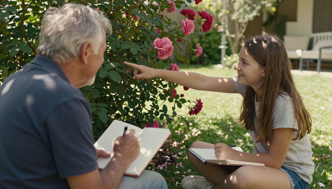 Teenage girl interviewing her grandfather in a sunny garden with a notebook