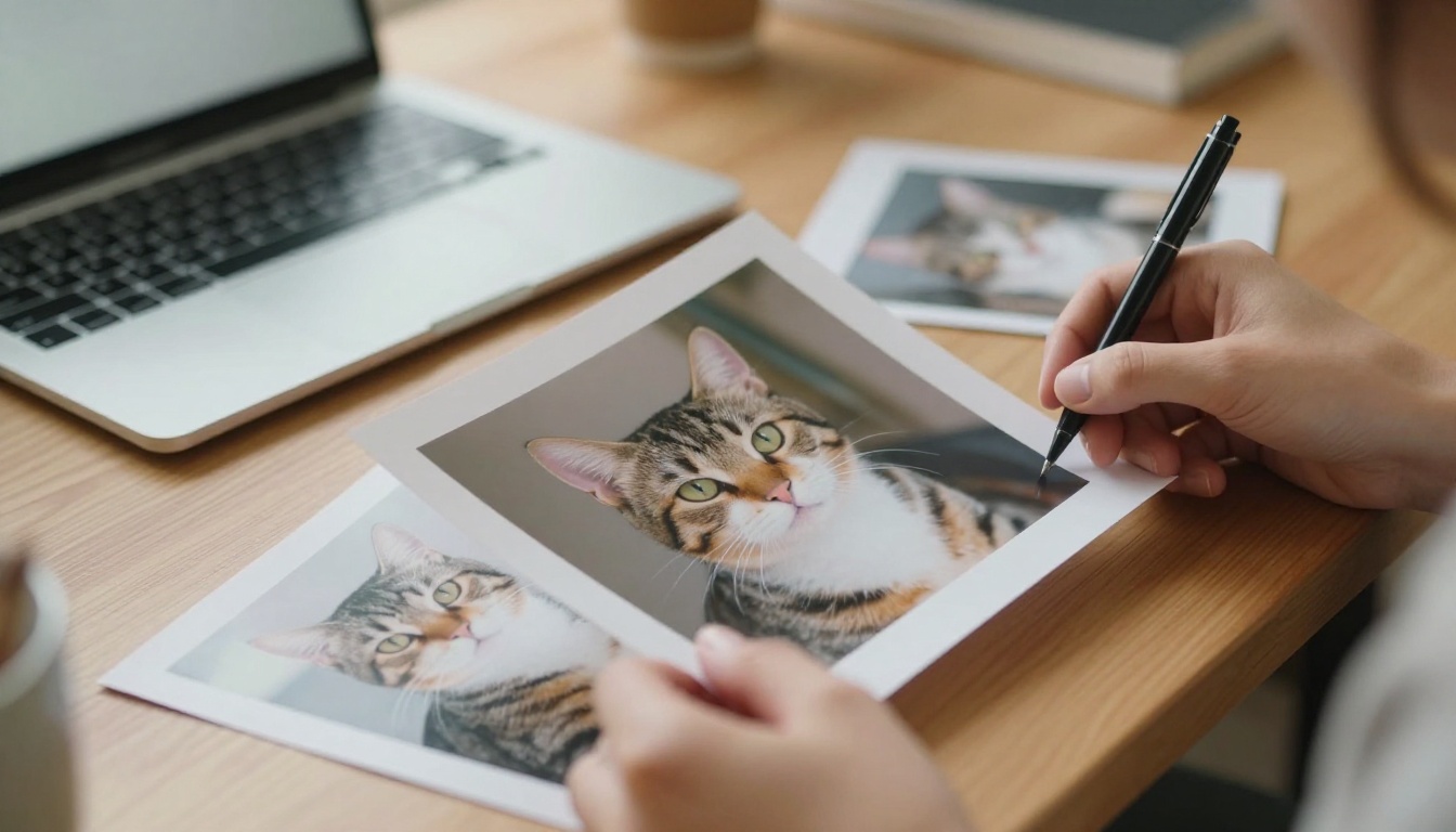 Woman's hands arranging printed photos of an old tabby cat on a desk Woman's hands arranging printed photos of an old tabby cat on a desk