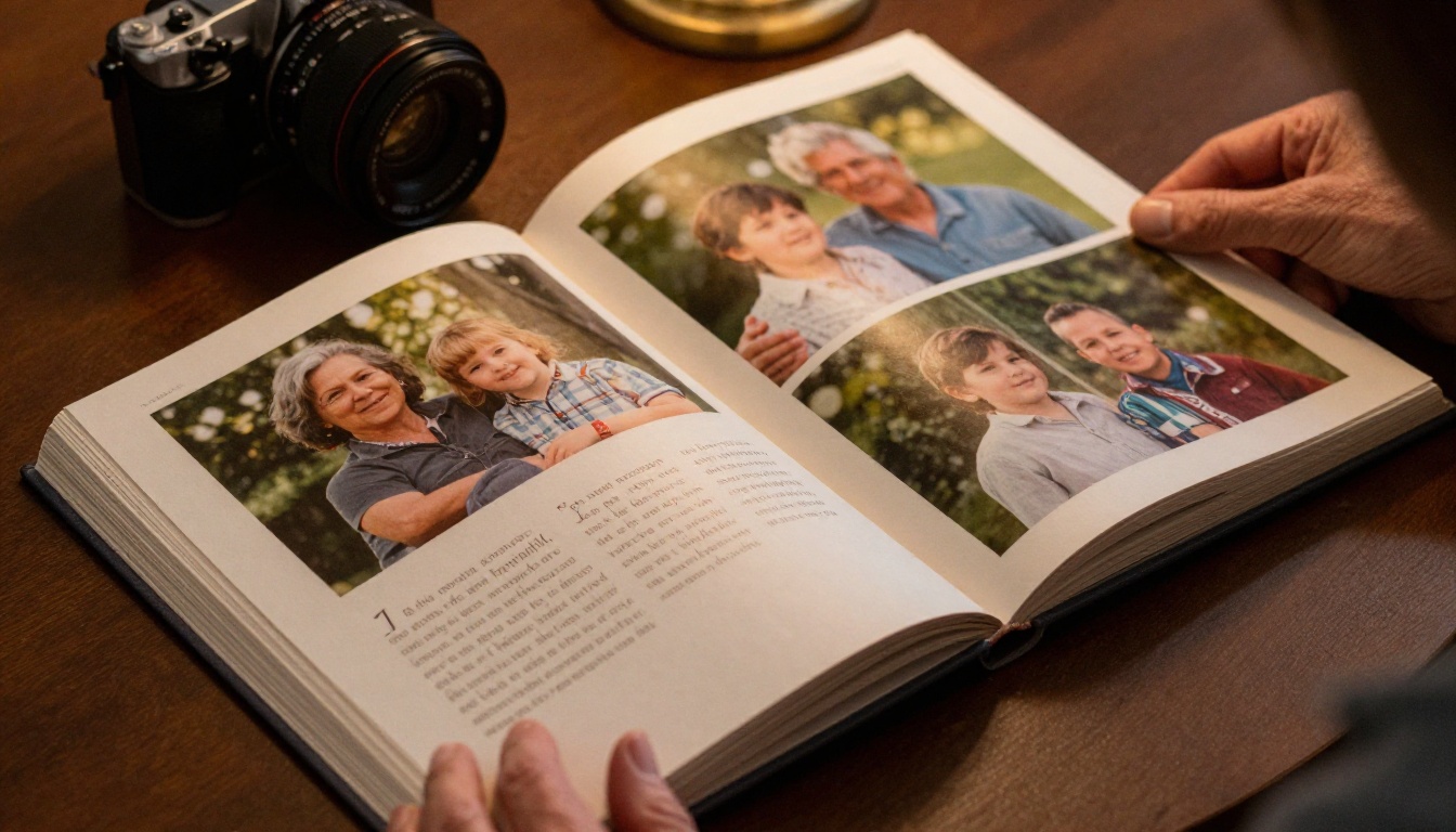 Open hardcover family memory book with a grandmother's and a child's hands turning the page