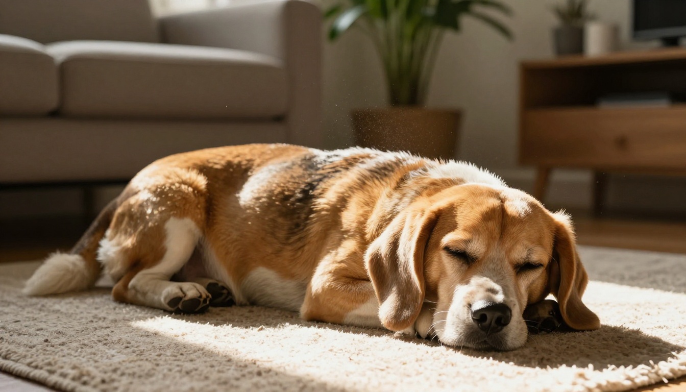 Senior beagle sleeping on a sunlit rug beside a sofa Senior beagle sleeping on a sunlit rug beside a sofa