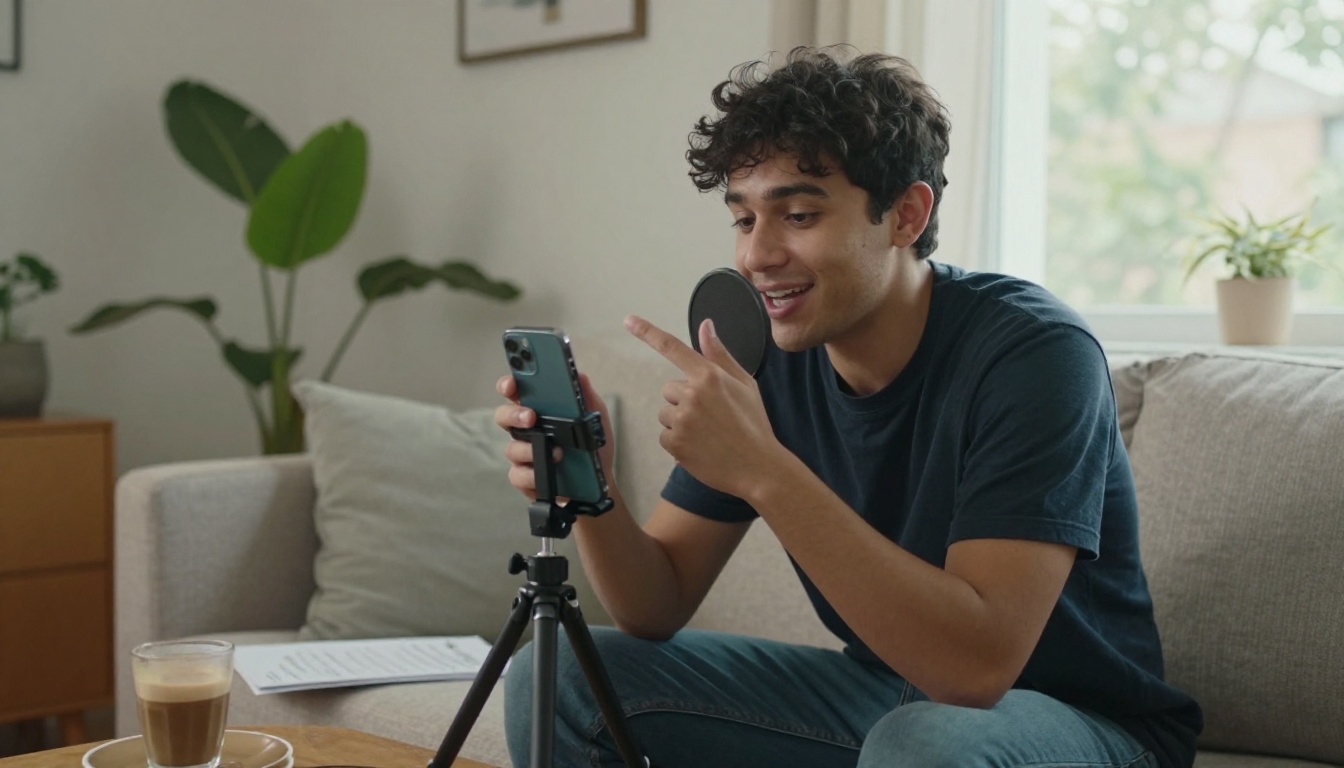 Young man recording a voice message on a smartphone