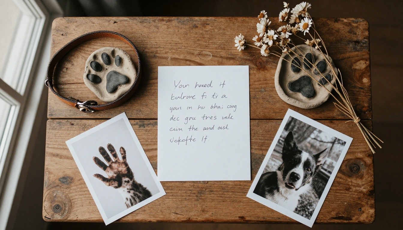 Overhead flat-lay of a dog collar, clay paw print and printed photographs on an oak table Overhead flat-lay of a dog collar, clay paw print and printed photographs on an oak table