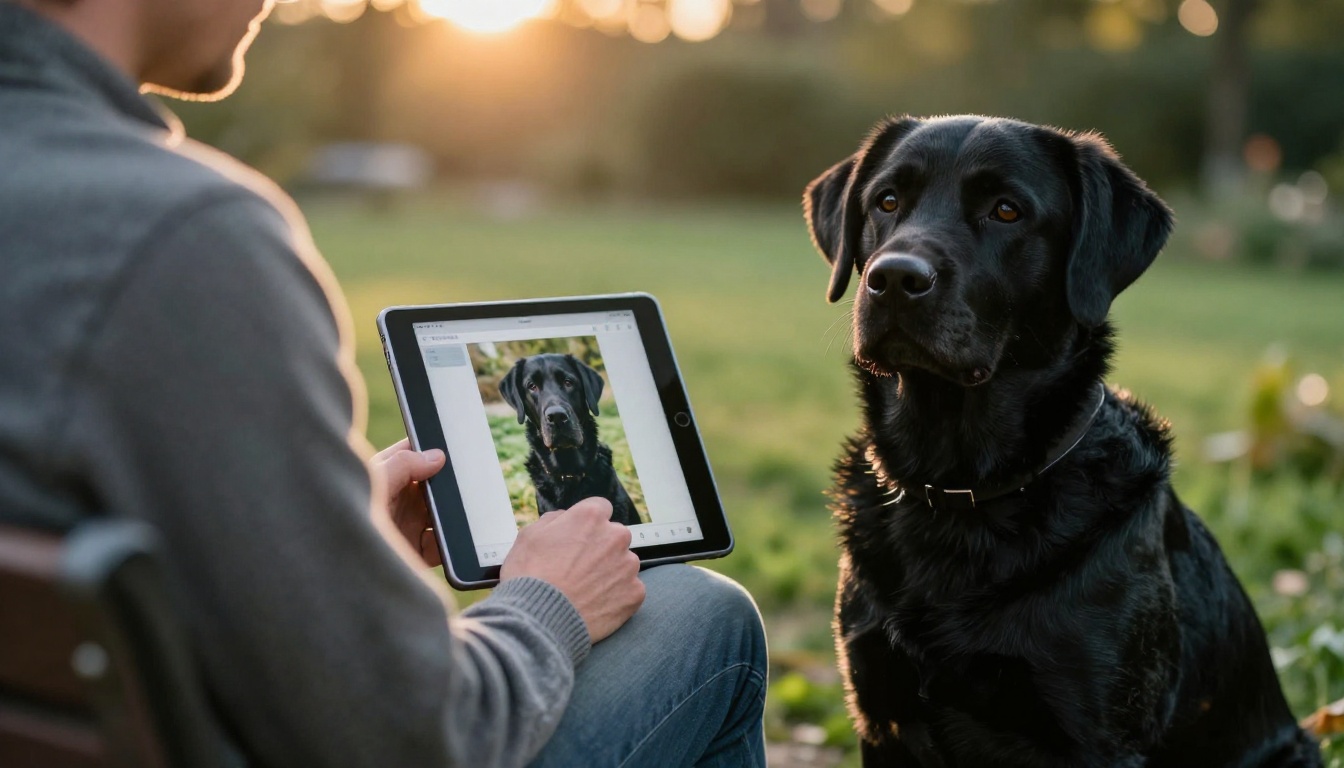 Man on a garden bench holding a tablet showing a digital photo book of his Labrador Man on a garden bench holding a tablet showing a digital photo book of his Labrador