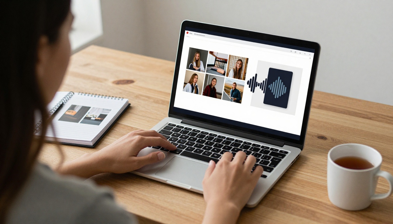 Woman building a digital photo book on a laptop