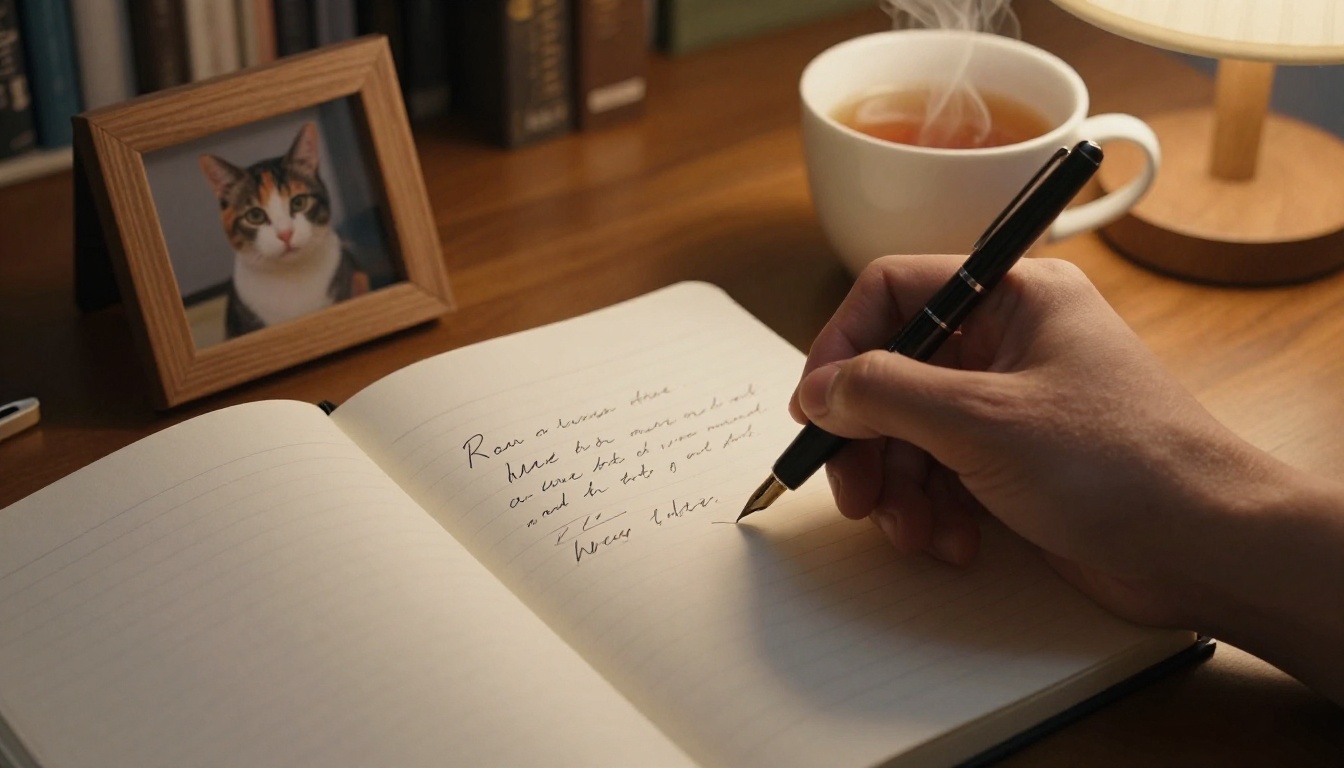 Hand writing a heartfelt letter with a fountain pen beside a framed cat photo Hand writing a heartfelt letter with a fountain pen beside a framed cat photo