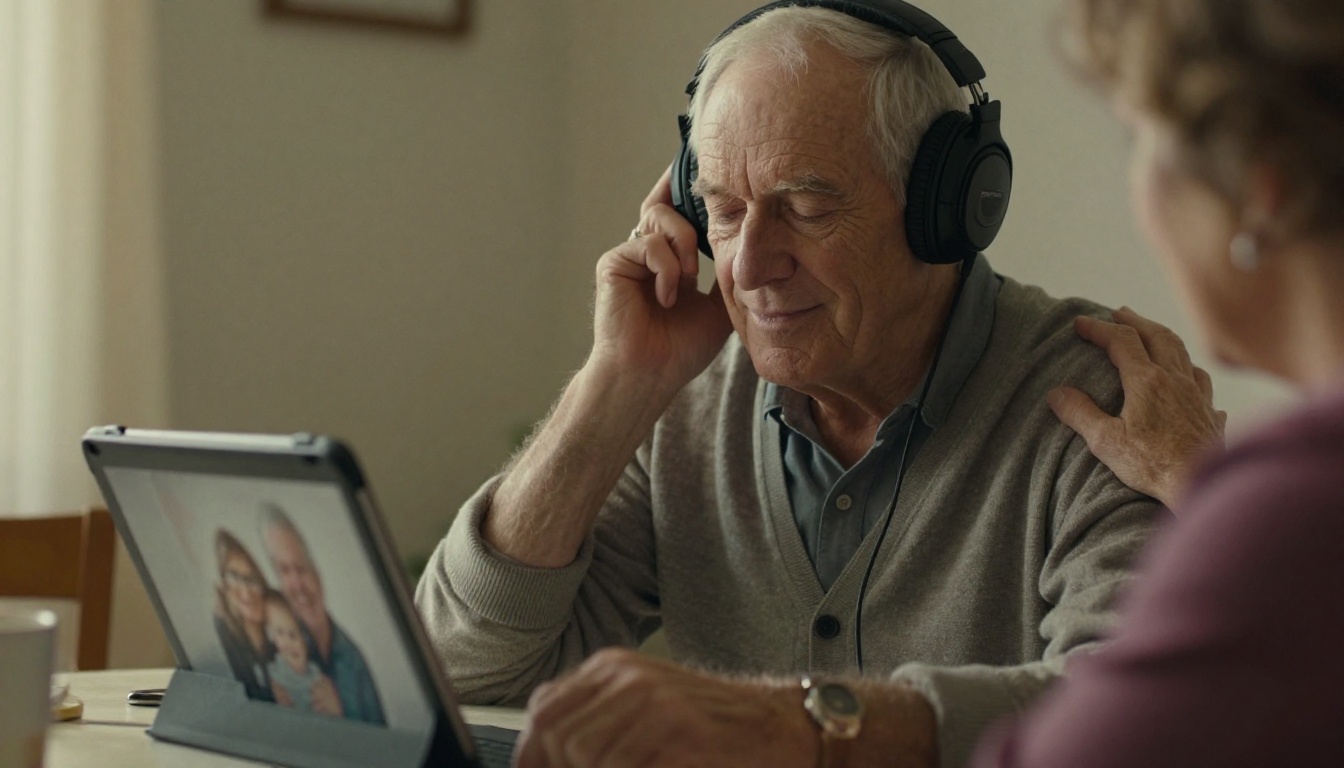 Elderly man smiling while listening to a recording