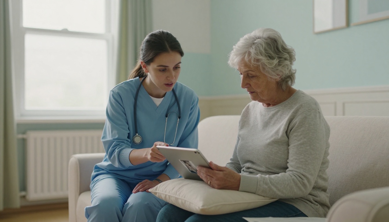 Caregiver and resident viewing a tablet together