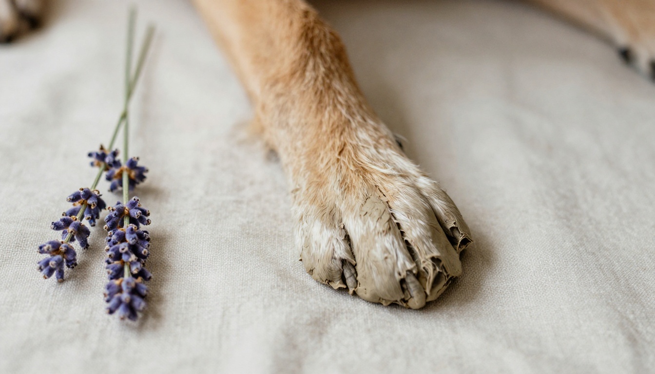 Macro of a dog's clay paw print beside lavender on linen Macro of a dog's clay paw print beside lavender on linen