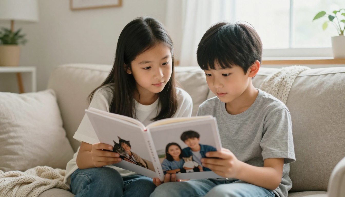 Two siblings on a sofa looking at a printed photo book of their family cat Two siblings on a sofa looking at a printed photo book of their family cat