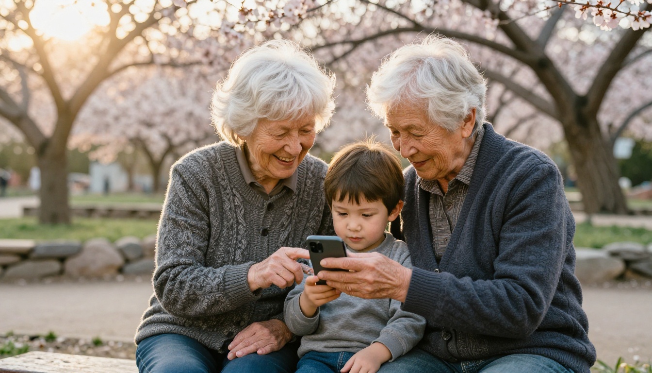 Grandson and grandmother sharing a smartphone in a garden
