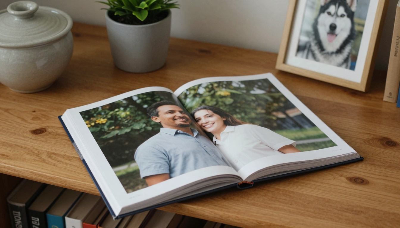 Printed memorial photo book resting on a wooden shelf beside a plant and a framed husky photo Printed memorial photo book resting on a wooden shelf beside a plant and a framed husky photo