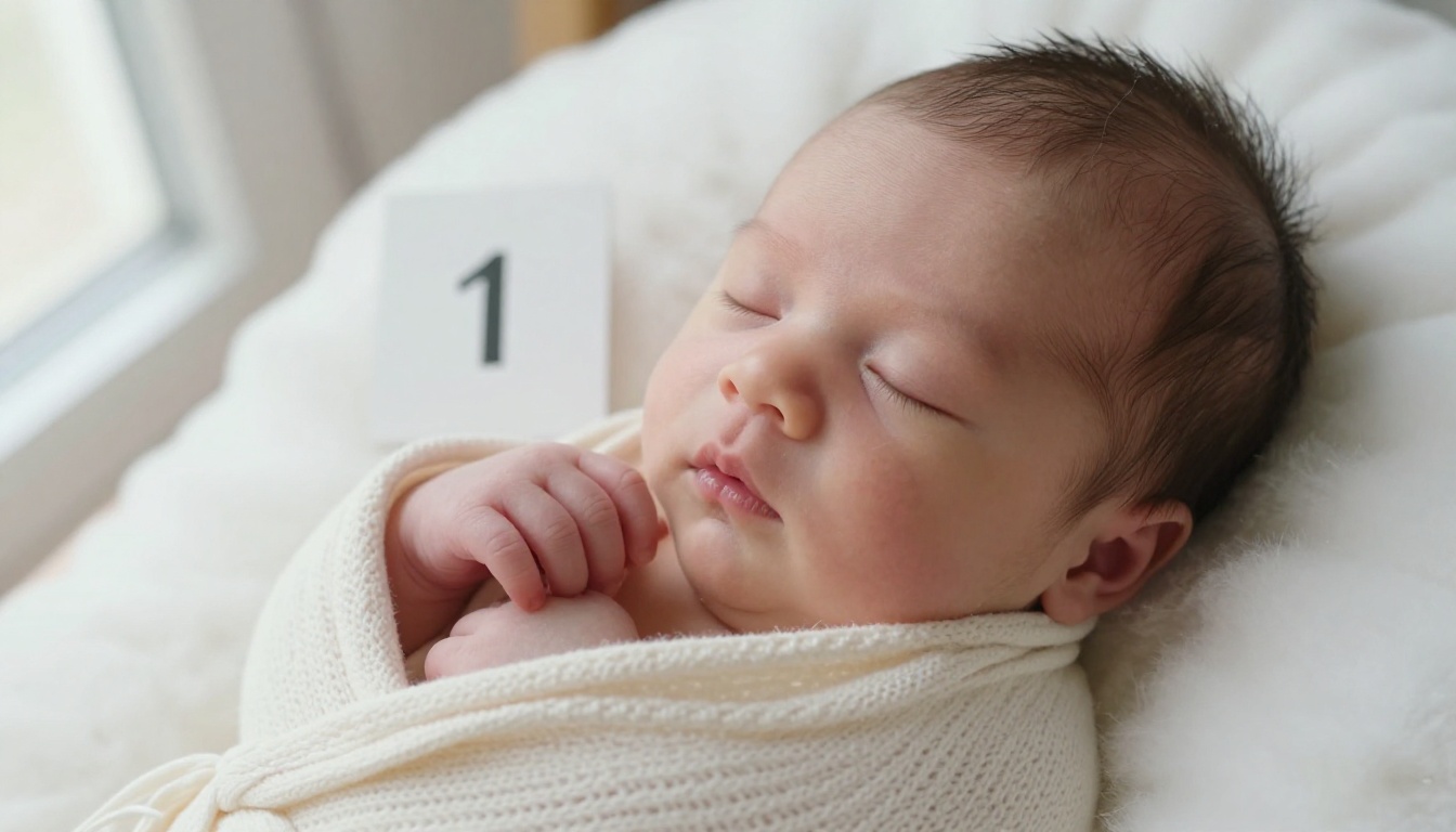 A newborn baby sleeping on a white sheepskin with a small number card beside them