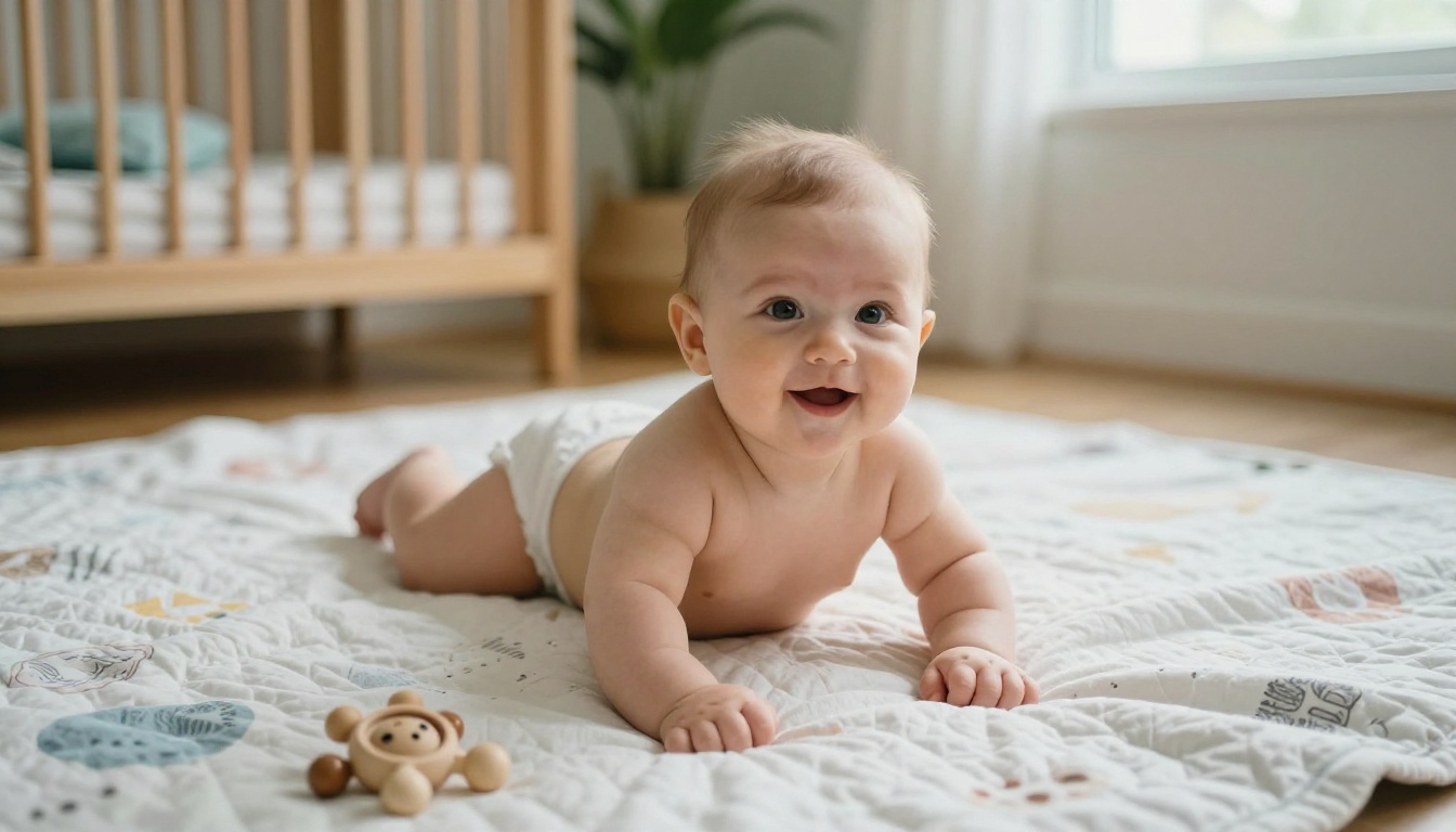 A three-month-old baby doing tummy time on a quilt in a bright nursery