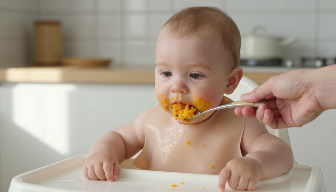 A six-month-old baby tasting mashed sweet potato in a high chair