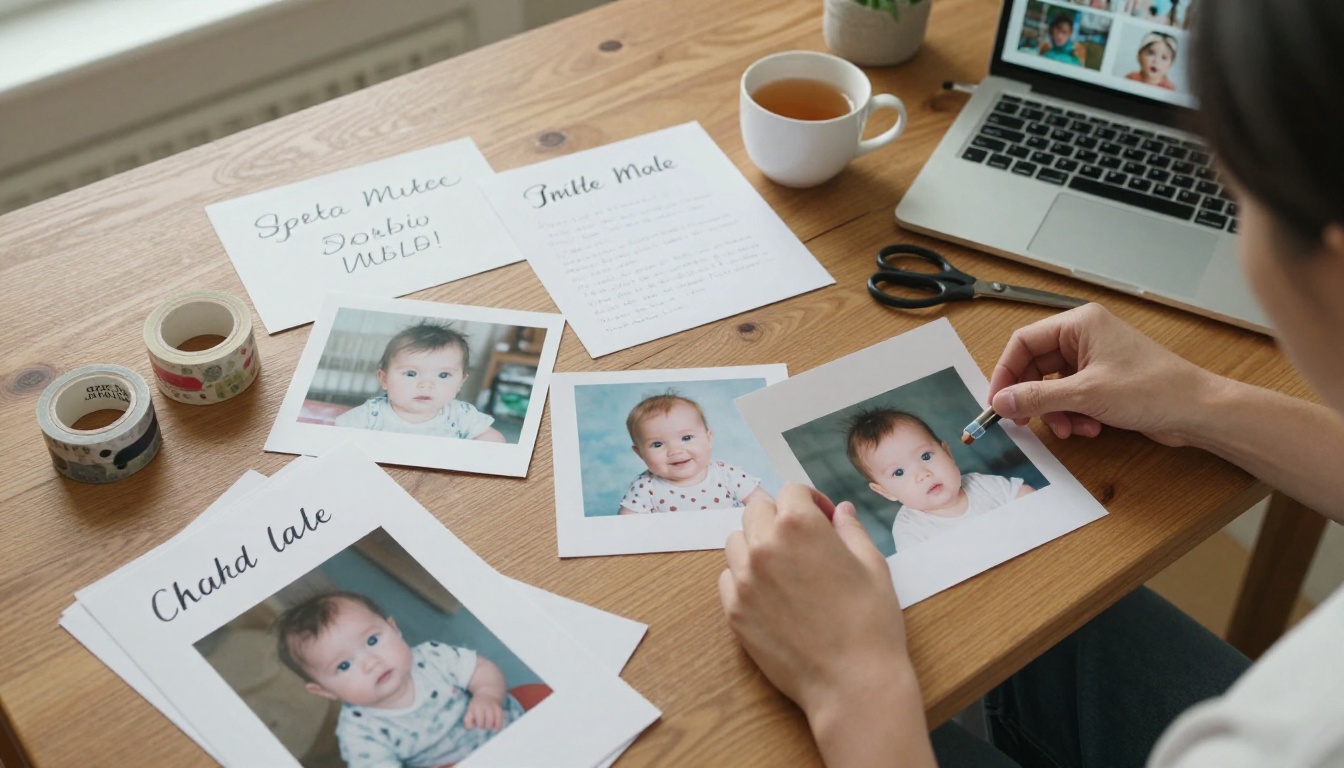 A parent sorting printed baby photos and milestone cards on a wooden table