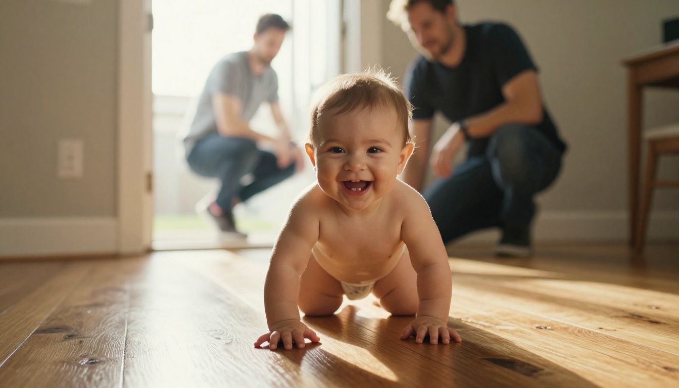 A nine-month-old baby crawling across a sunny hallway toward the camera