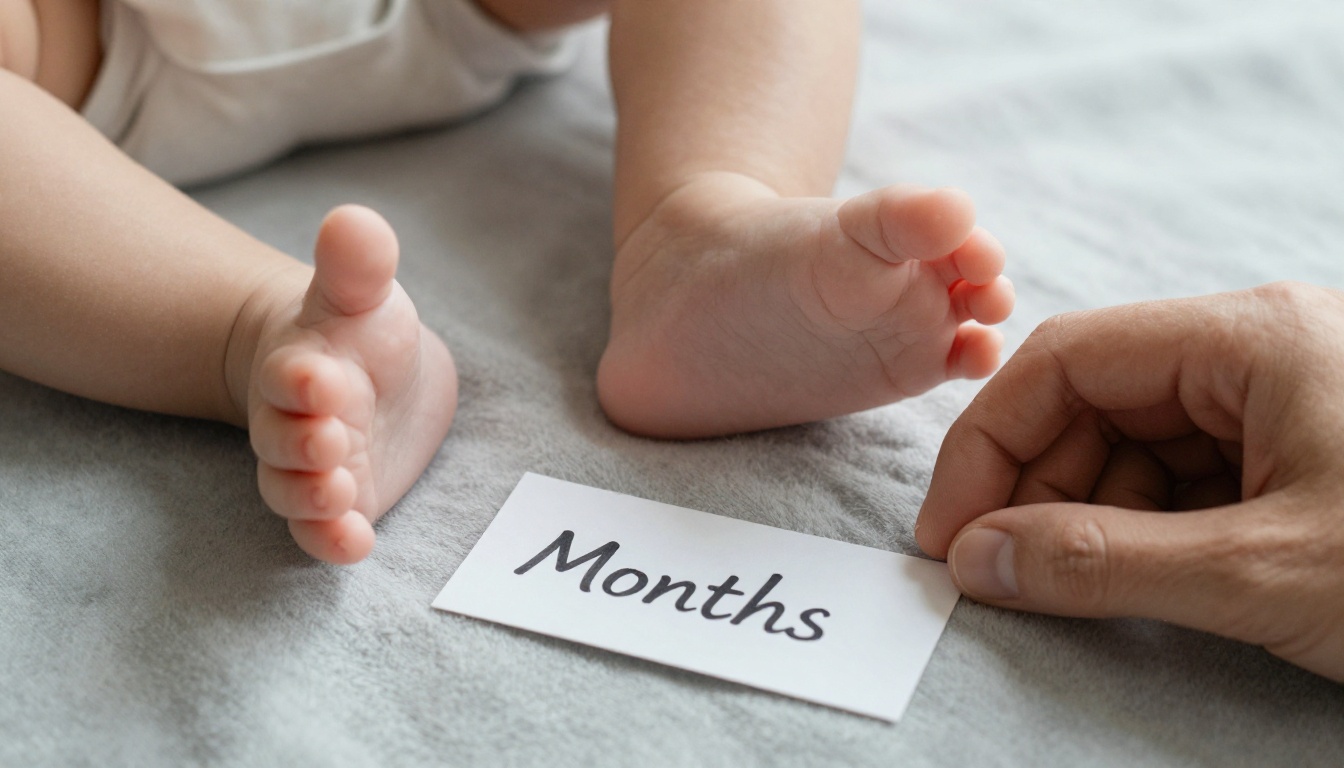 A baby's bare feet next to a parent's hand on a grey blanket