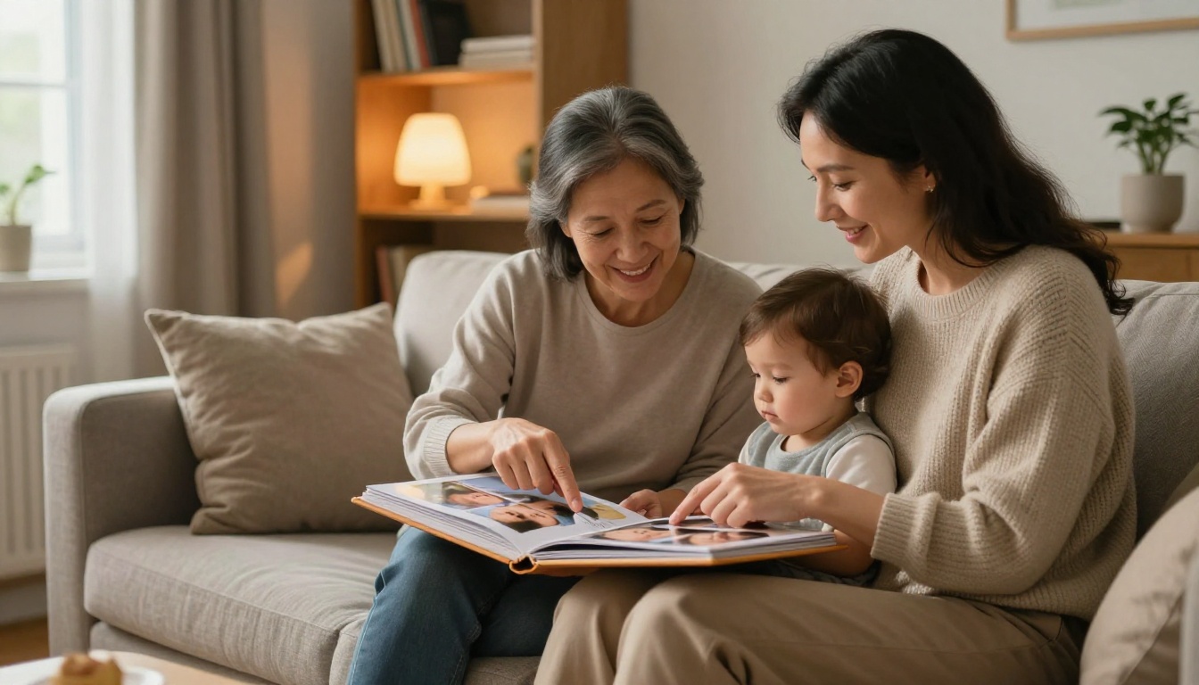 A family sitting on a sofa flipping through a printed baby photo album together