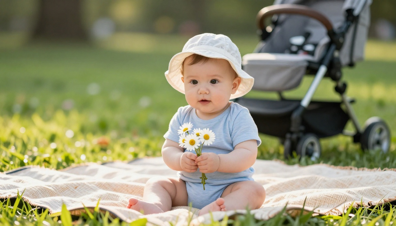 A one-year-old in a sun hat sitting on a picnic blanket holding a daisy
