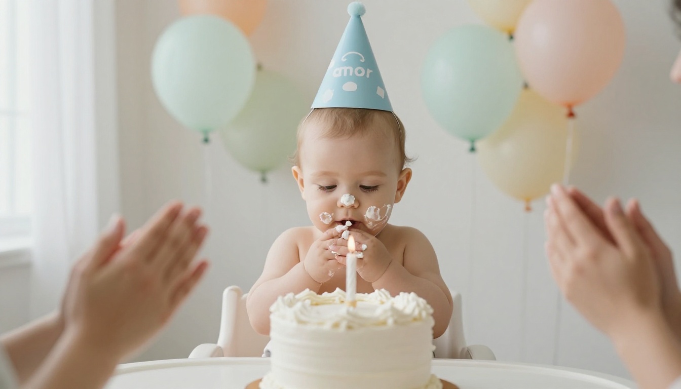 A one-year-old with frosting on their face in front of a small smash cake